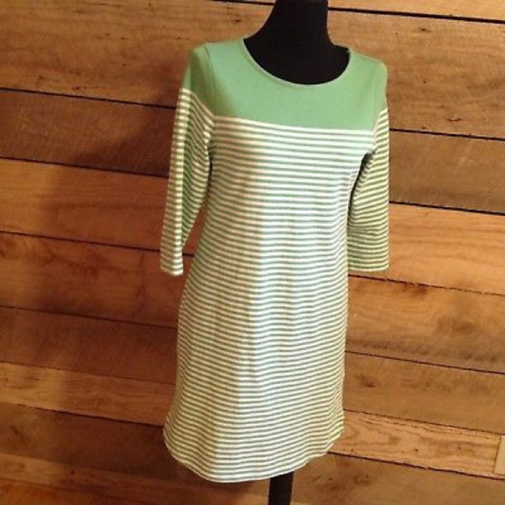 LL Bean Knit Dress Medium Green Stripe Shift
